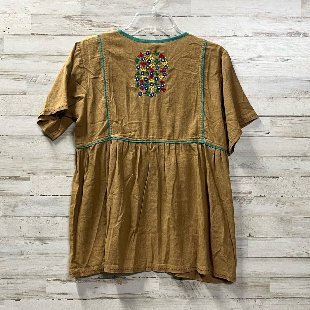 Sacred Threads Tan Floral Embroidered Button Front Blouse - Picture 5 of 6
